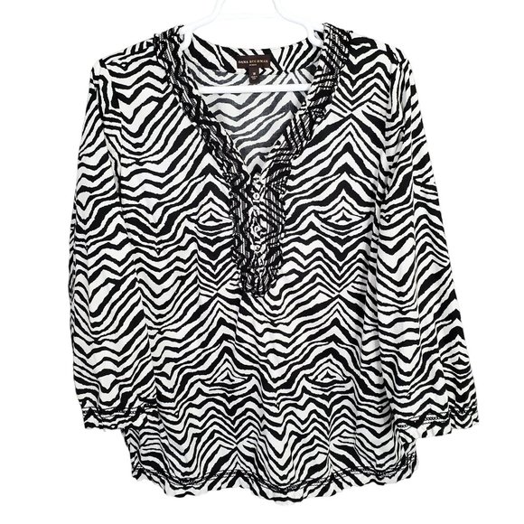 Dana Buchman Size 3X Blouse Zebra Stripe Ruffle V-neck Pullover Cotton Stretch - Picture 2 of 9